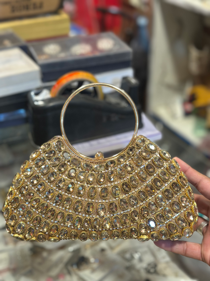 Luxury Gold Stone-Studded Bridal Clutch | Designer Crystal Handbag for Party & Wedding Wear Women